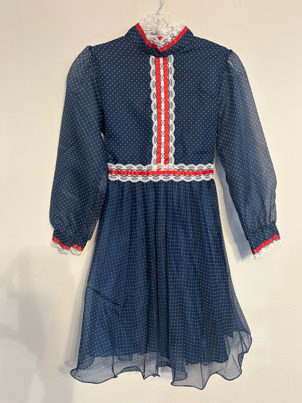 Navy Polka Dot Vintage-Inspired Dress with Red & White Trim